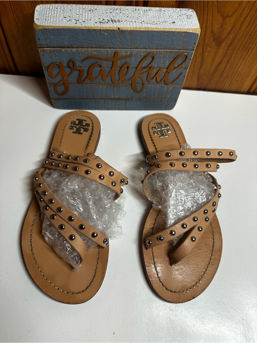Tory Burch Tan Studded Strappy Slide Sandals